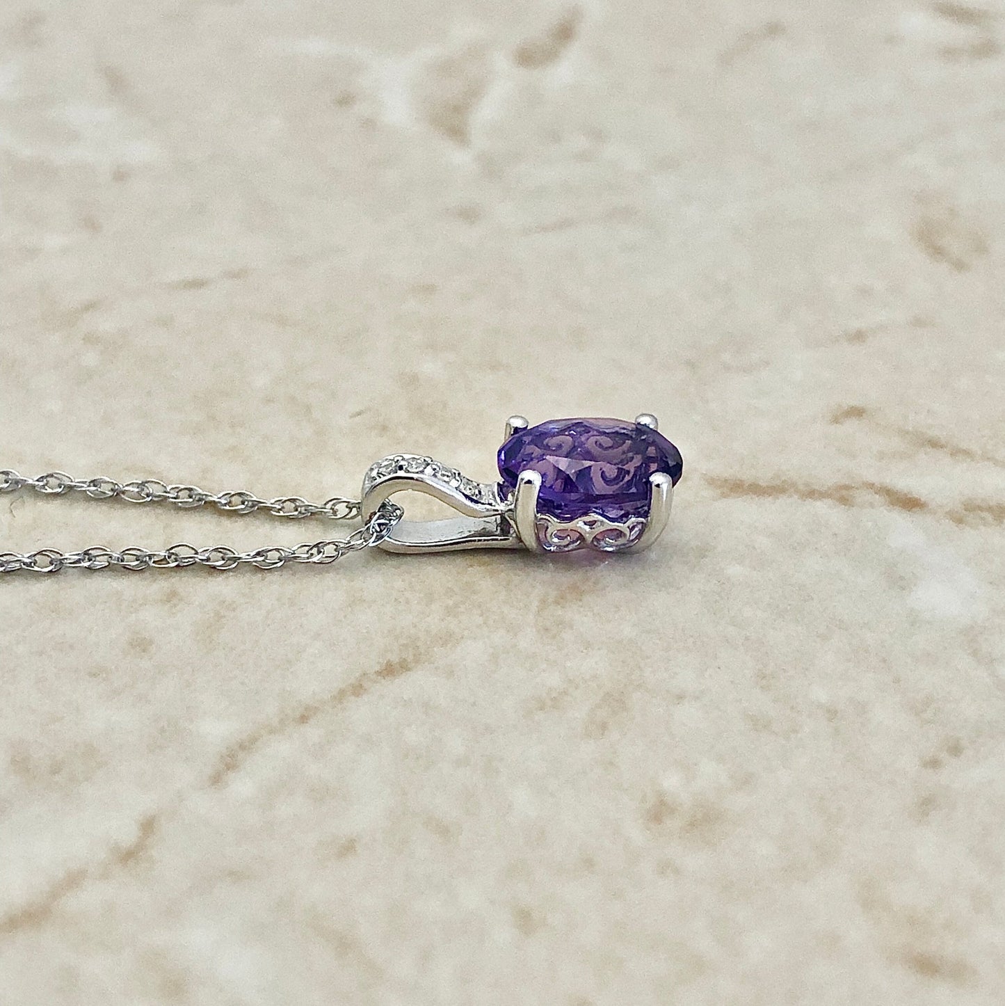 14 Karat White Gold February Birthstone Oval Amethyst & Diamond Pendant Necklace - WeilJewelry