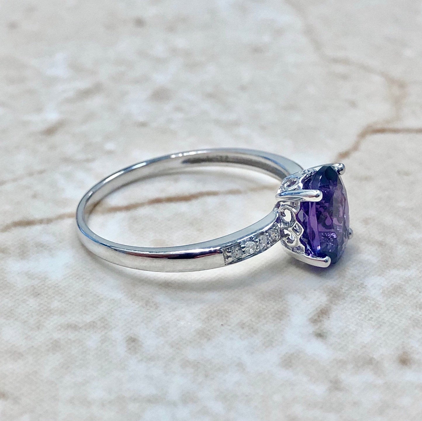 14K Oval Amethyst & Diamond Ring - White Gold Amethyst Solitaire Ring - February Birthstone - Birthday Gift - Best Gift For Her - On Sale