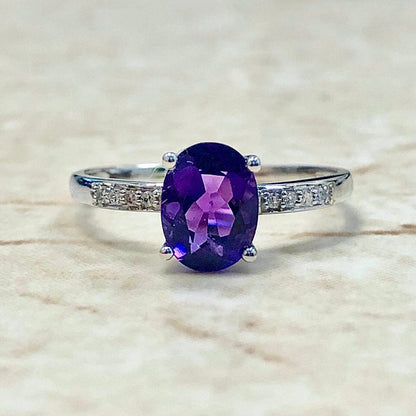 14K Oval Amethyst & Diamond Ring - White Gold Amethyst Solitaire Ring - February Birthstone - Birthday Gift - Best Gift For Her - On Sale