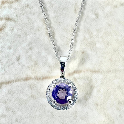 14K Round Amethyst Halo Pendant Necklace - White Gold Amethyst Necklace - Amethyst Halo Necklace - Amethyst Pendant - February Birthstone