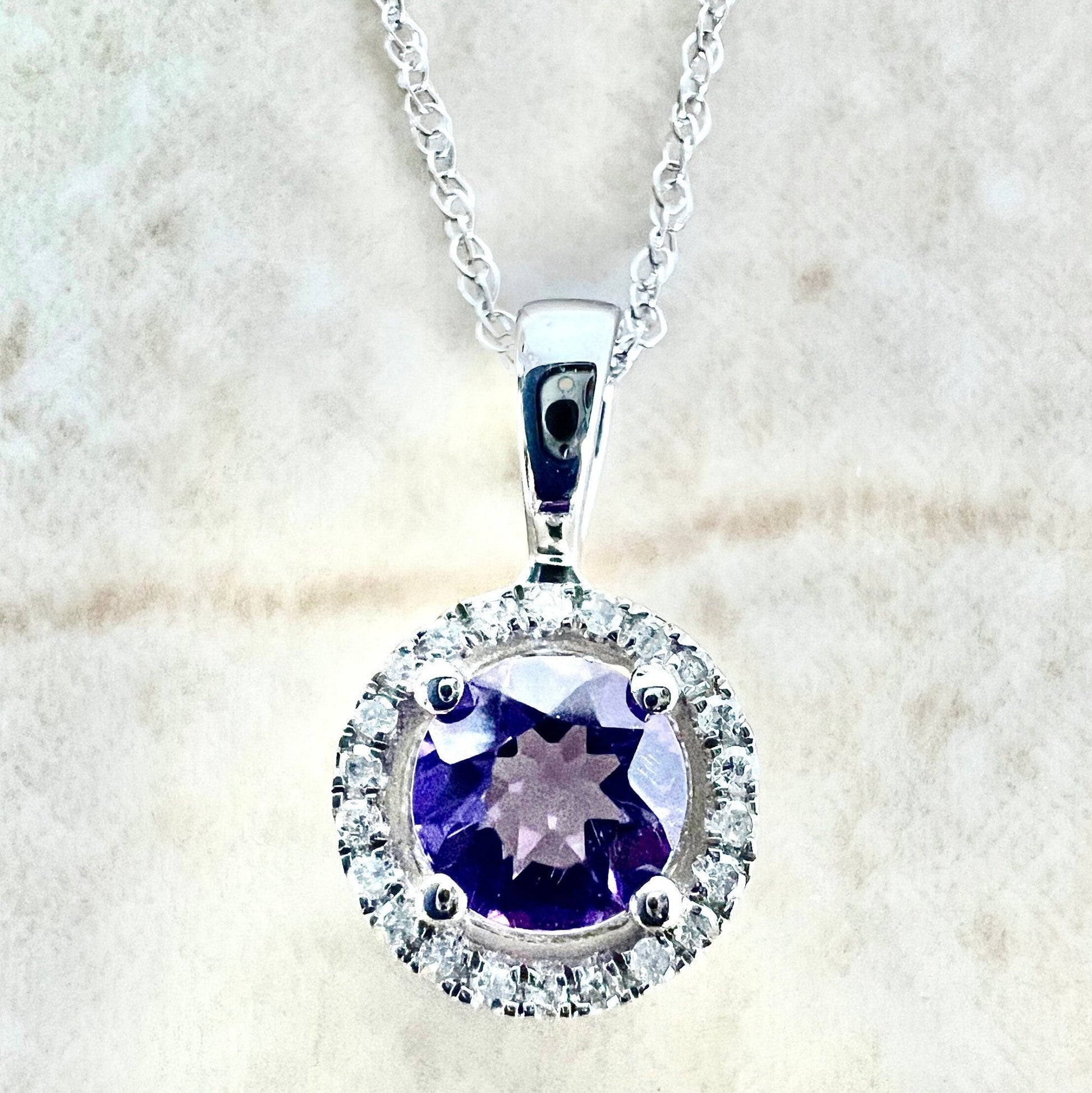 14K White Gold 7mm Round Amethyst Solitaire Pendant Necklace With Silver Chain Included