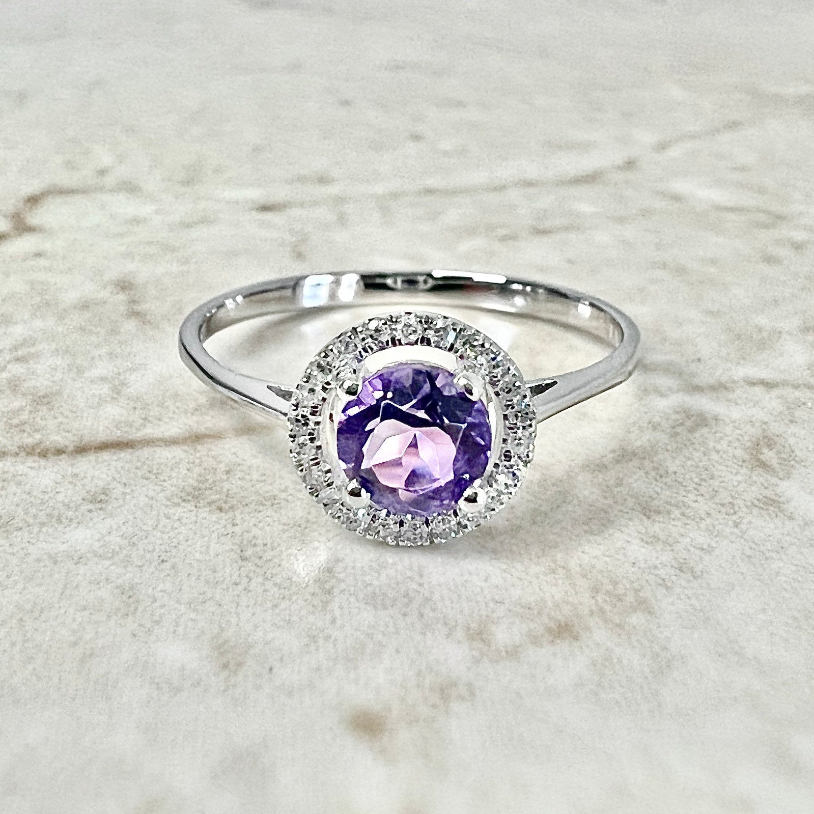 14K Round Amethyst Halo Ring - White Gold Amethyst Ring - Gemstone Halo Ring - Amethyst Promise Ring - February Birthstone - Birthday Gift