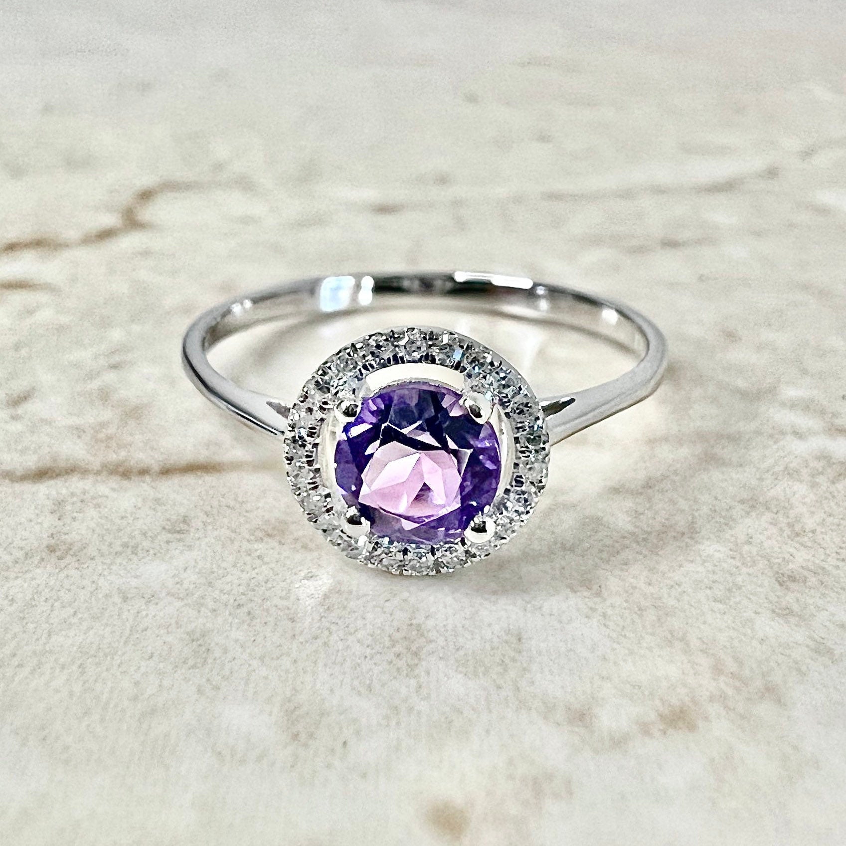 14K Round Amethyst Halo Ring - White Gold Amethyst Ring - Gemstone Halo Ring - Amethyst Promise Ring - February Birthstone - Birthday Gift