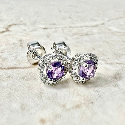 14 Karat White Gold February Birthstone Round Amethyst & Diamond Halo Stud Earrings - WeilJewelry