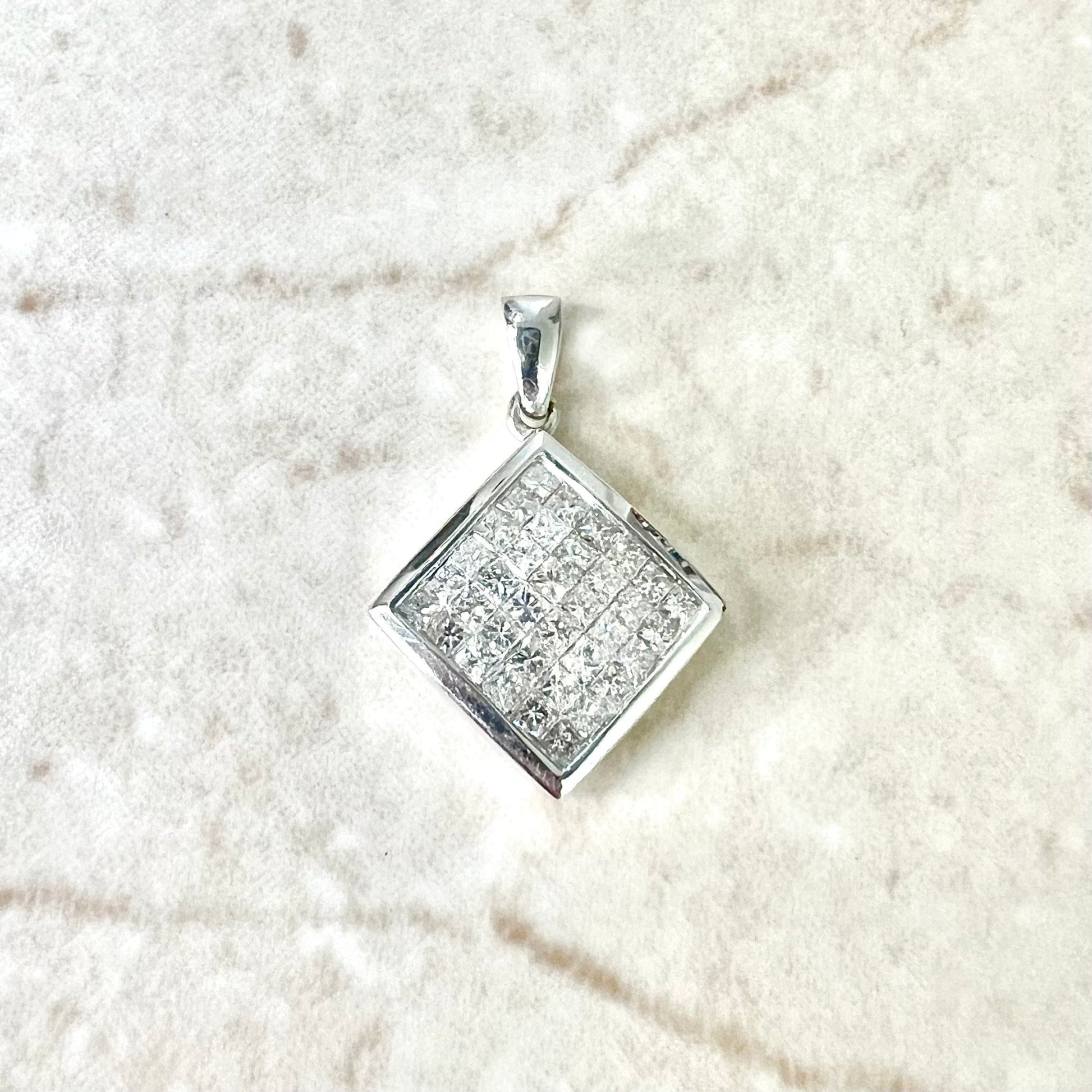 14 Karat White Gold Invisible - Set 0.75 Carat Princess Cut Diamond Cluster Pendant - WeilJewelry