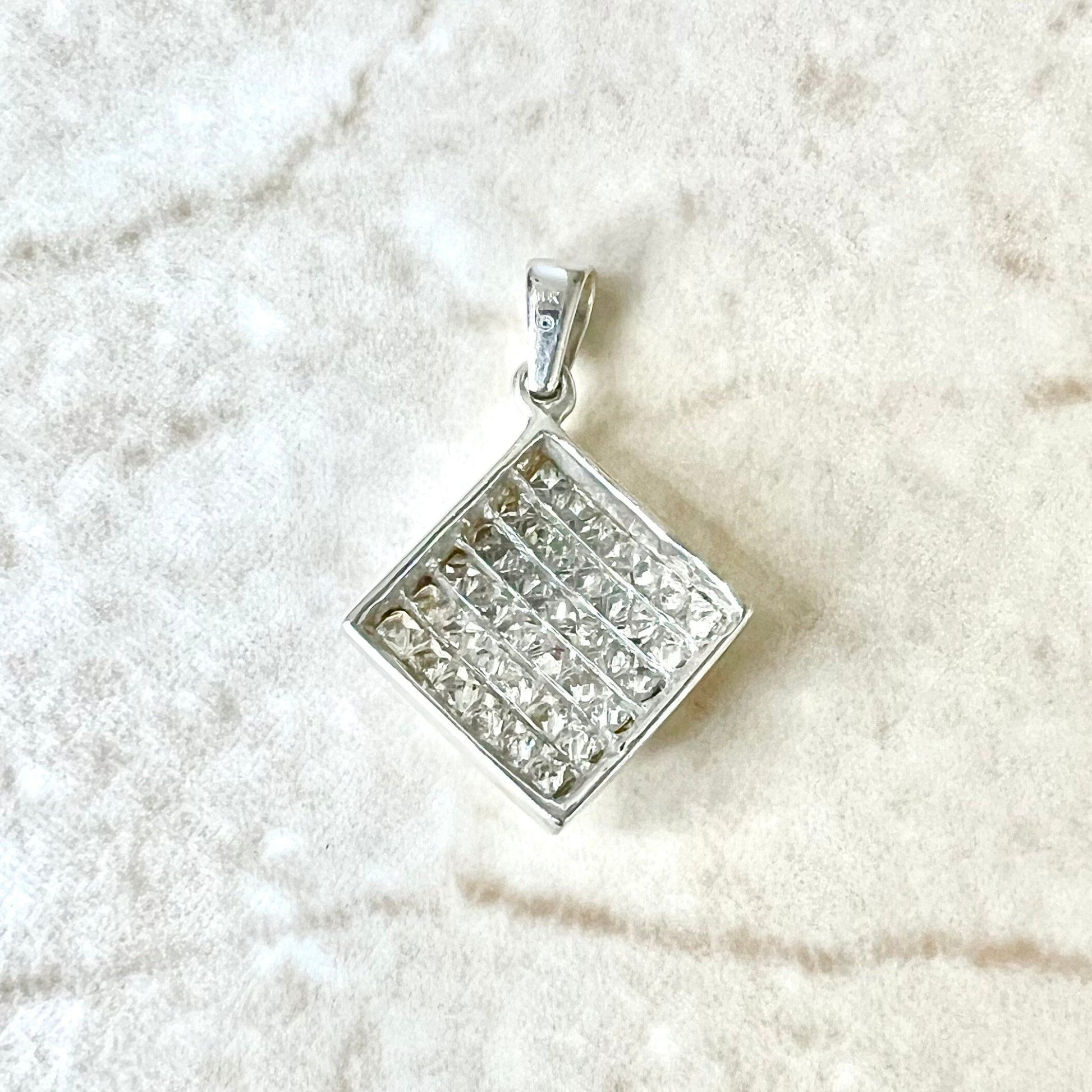 14 Karat White Gold Invisible - Set 0.75 Carat Princess Cut Diamond Cluster Pendant - WeilJewelry