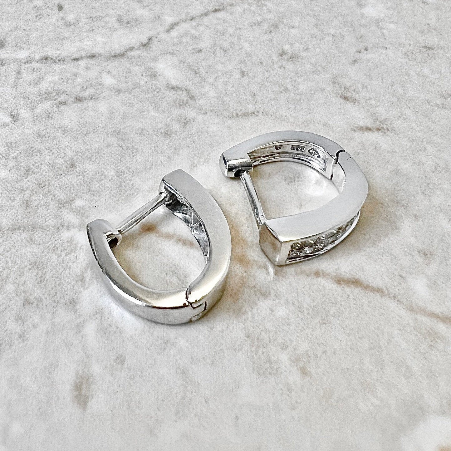 14 Karat White Gold Invisible Setting 0.60 Carat Princess Cut Diamond Huggie Hoop Earrings - WeilJewelry
