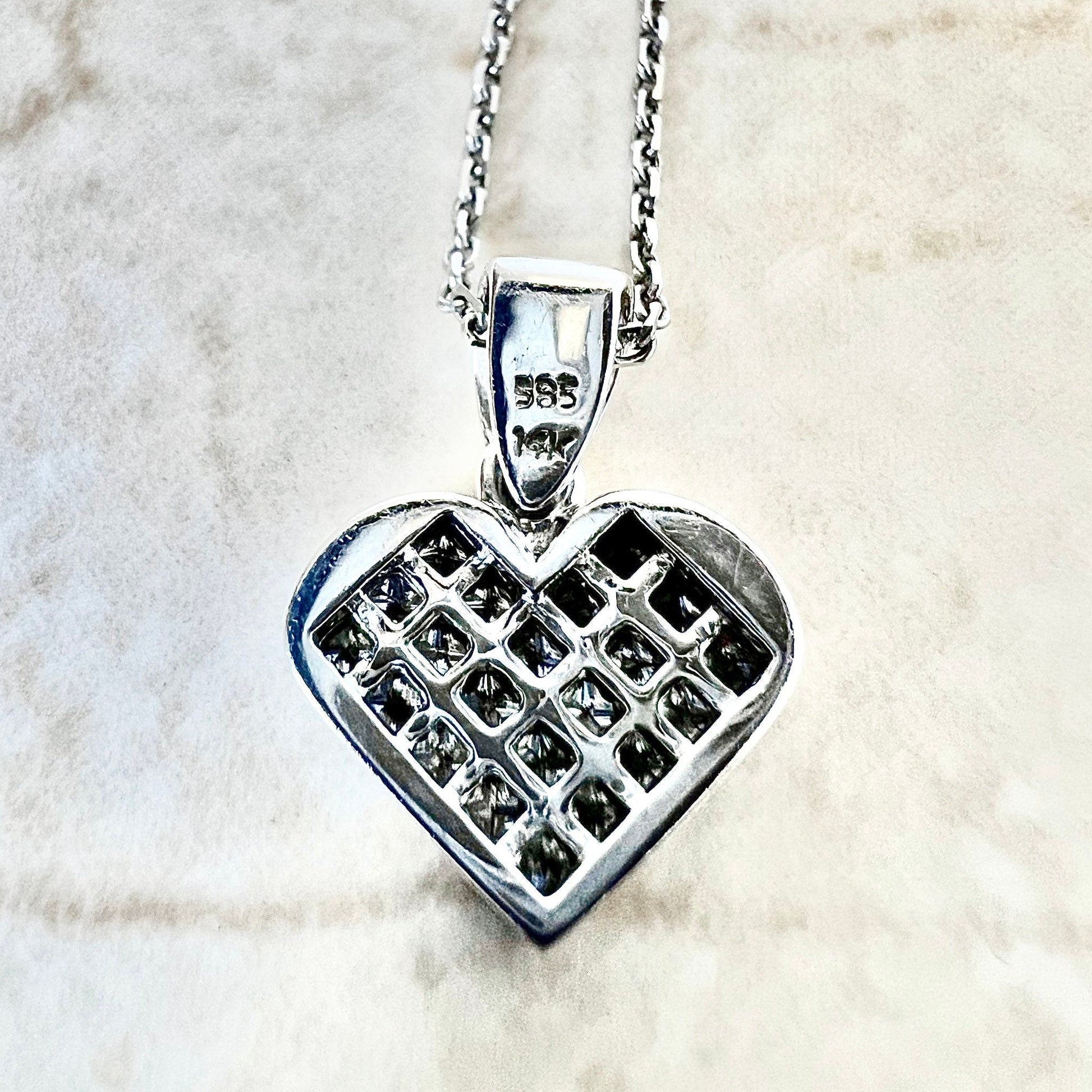 14 Karat White Gold Invisible Setting 0.65 Carat Princess Cut Diamond Heart Pendant Necklace - WeilJewelry