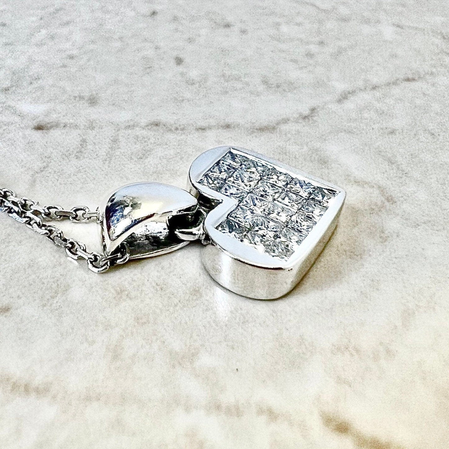 14K Princess Cut Diamond Heart Pendant Necklace - White Gold Diamond Cluster Pendant - Gold Pave Heart Necklace-Valentine’s Day Gift For Her