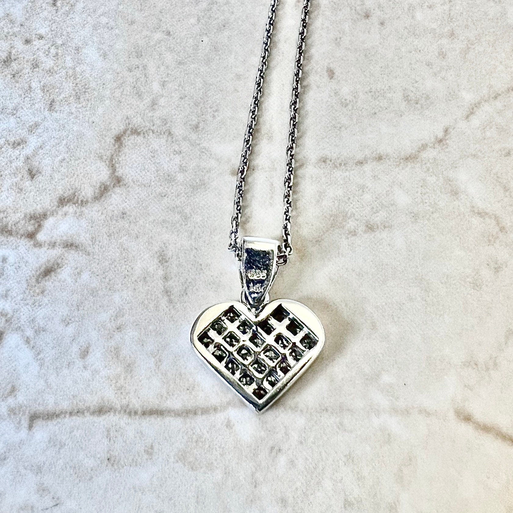 14 Karat White Gold Invisible Setting 0.65 Carat Princess Cut Diamond Heart Pendant Necklace - WeilJewelry