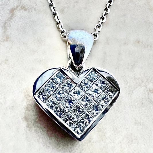 14 Karat White Gold Invisible Setting 0.65 Carat Princess Cut Diamond Heart Pendant Necklace - WeilJewelry