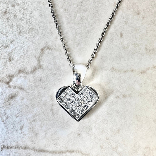 14 Karat White Gold Invisible Setting 0.65 Carat Princess Cut Diamond Heart Pendant Necklace - WeilJewelry