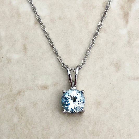 14K Round Aquamarine Pendant Necklace - White Gold Aquamarine Necklace - March Birthstone - Genuine Gemstone - Birthday Gift