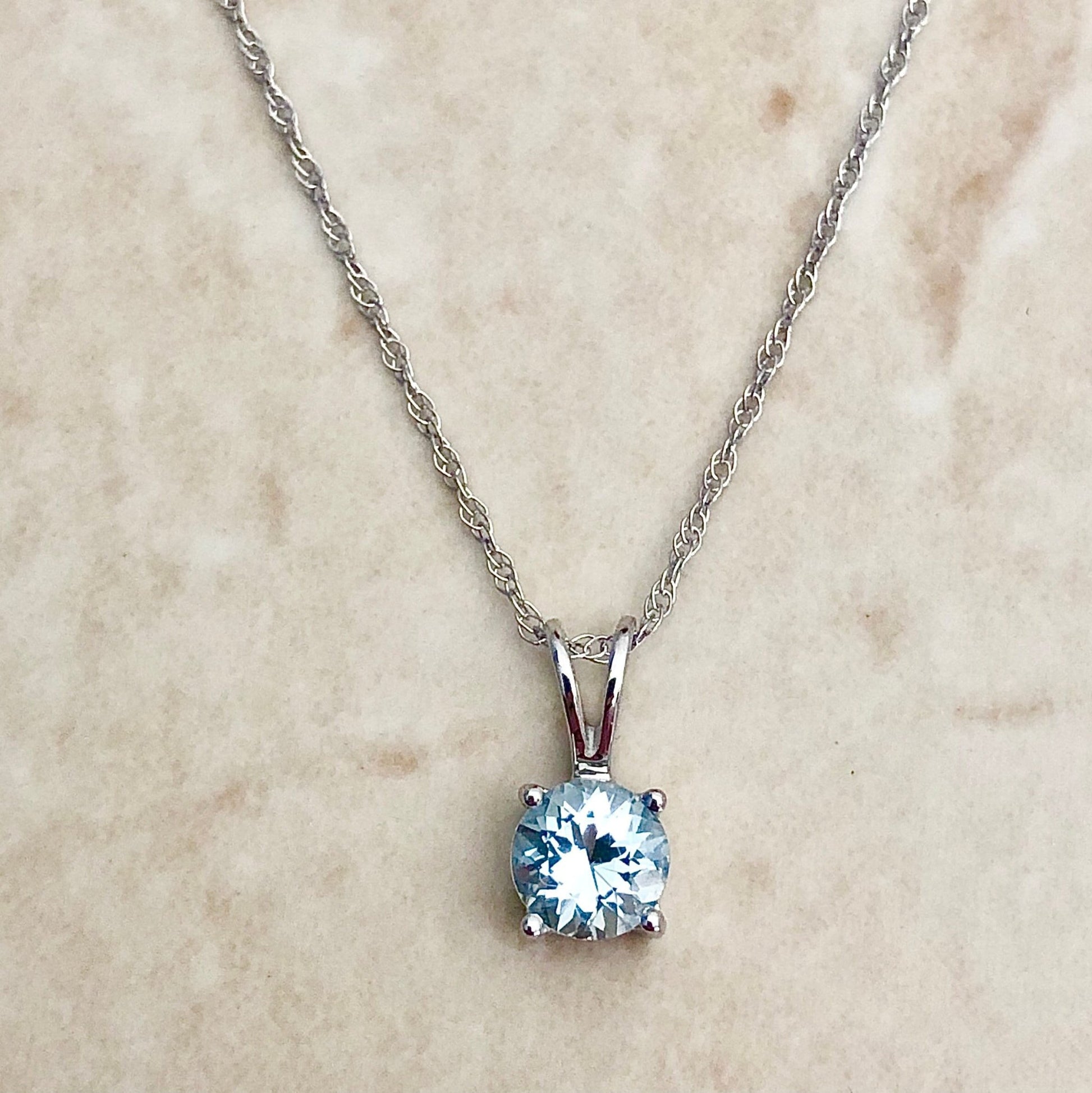 14K Round Aquamarine Pendant Necklace - White Gold Aquamarine Necklace - March Birthstone - Genuine Gemstone - Birthday Gift