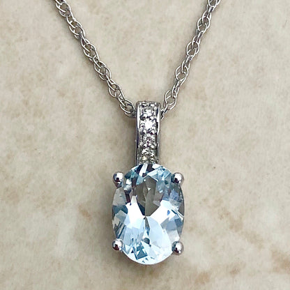 14K Oval Aquamarine & Diamond Pendant Necklace - White Gold Aquamarine Pendant - March Birthstone - Genuine Gemstone - Birthday Gift For Her