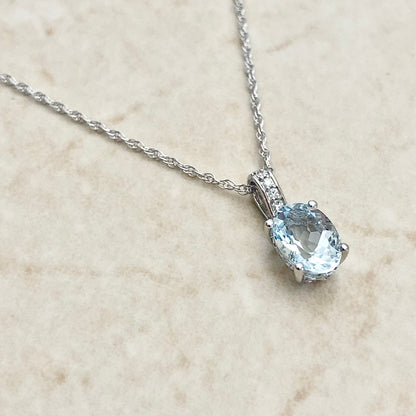 14K Oval Aquamarine & Diamond Pendant Necklace - White Gold Aquamarine Pendant - March Birthstone - Genuine Gemstone - Birthday Gift For Her