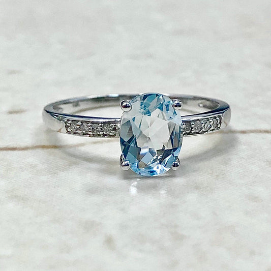 14K Oval Aquamarine & Diamond Ring  - White Gold Aquamarine Solitaire Ring - March Birthstone - Birthday Gift - Best Gift For Her