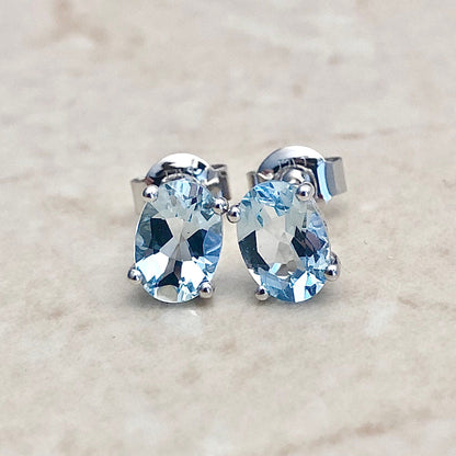14 Karat Oval Aquamarine Stud Earrings - White Gold Aquamarine Earrings - March Birthstone - Genuine Gemstone - Birthday Gift For Her