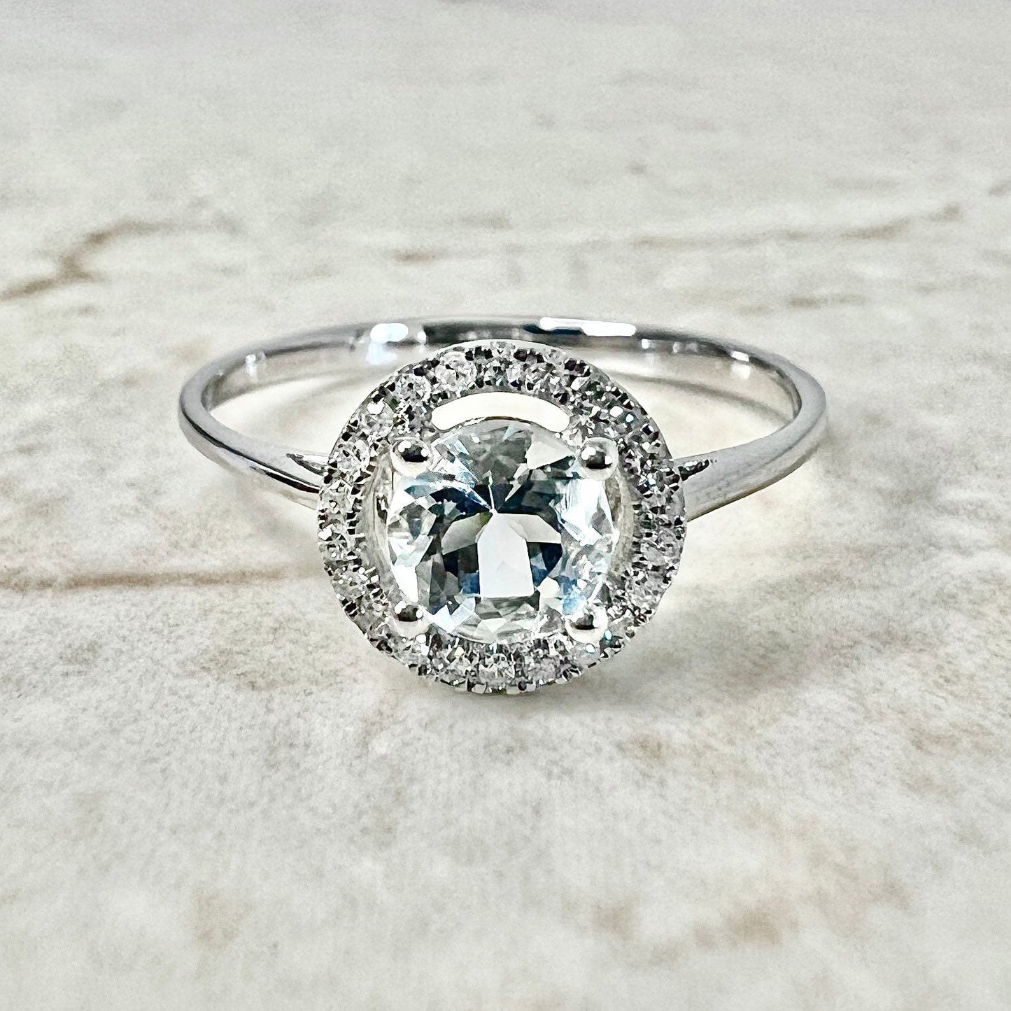 14K Round Aquamarine Halo Ring - White Gold Aquamarine Ring - Gemstone Halo Ring - Aquamarine Promise Ring- March  Birthstone -Birthday Gift