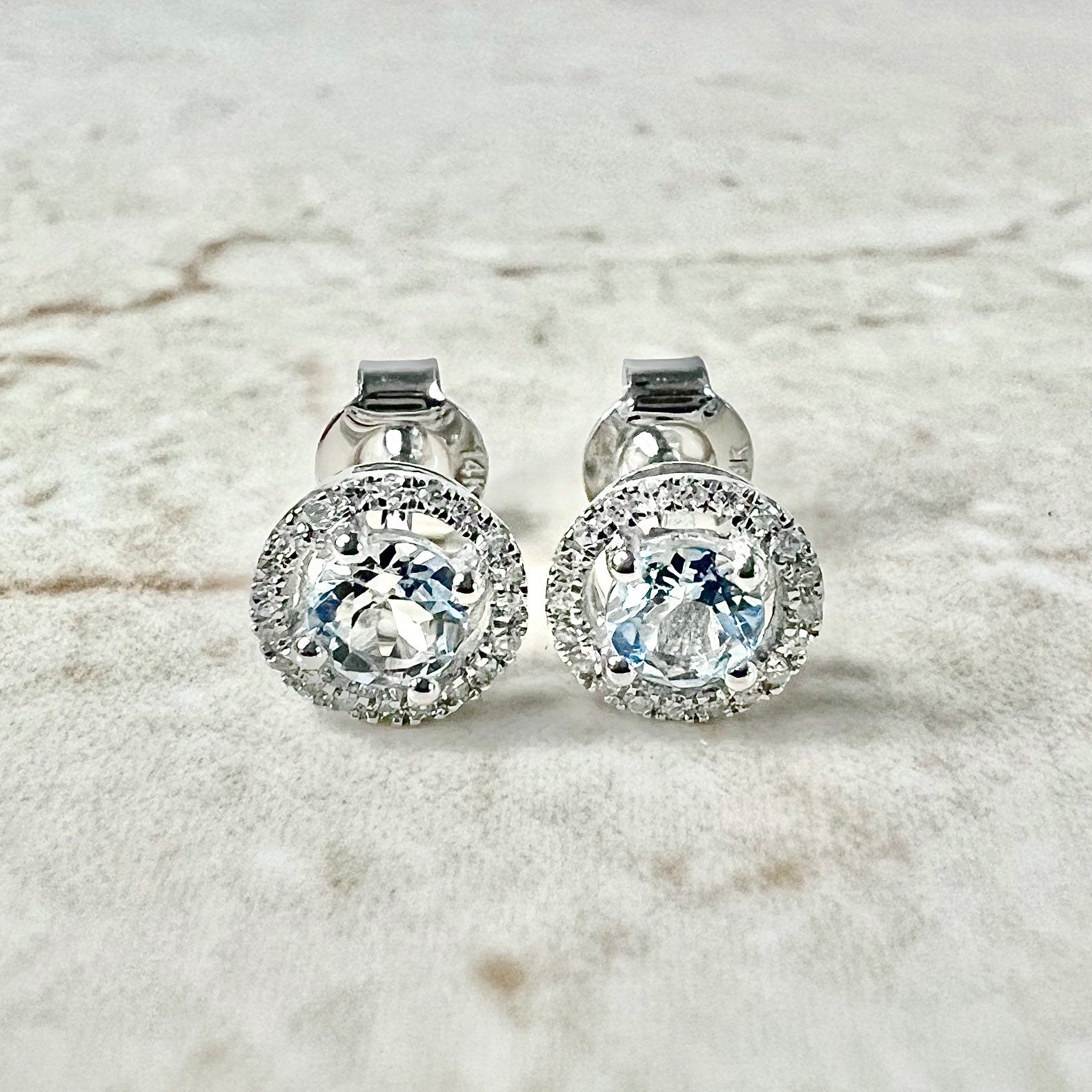 Aquamarine & Diamond Halo Stud Earrings in 14k White Gold – Bailey's Fine  Jewelry