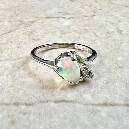 14K Diamond & Natural Opal Ring - 14K White Gold Cocktail Ring - 14K Opal Solitaire Ring - October Birthstone Ring - Birthday Gift