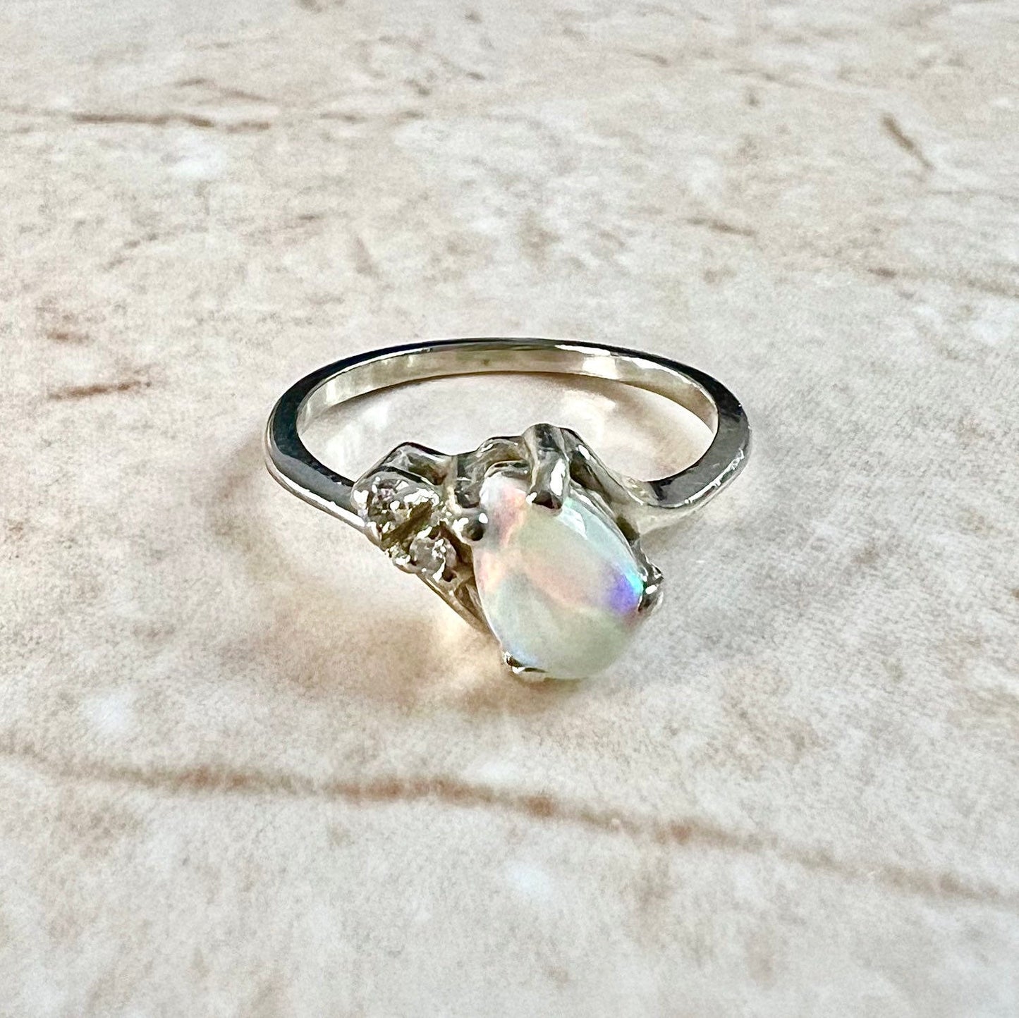 14K Diamond & Natural Opal Ring - 14K White Gold Cocktail Ring - 14K Opal Solitaire Ring - October Birthstone Ring - Birthday Gift