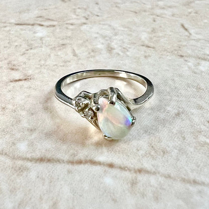 14 Karat White Gold Natural Opal Solitaire Ring With Diamond Accent - WeilJewelry