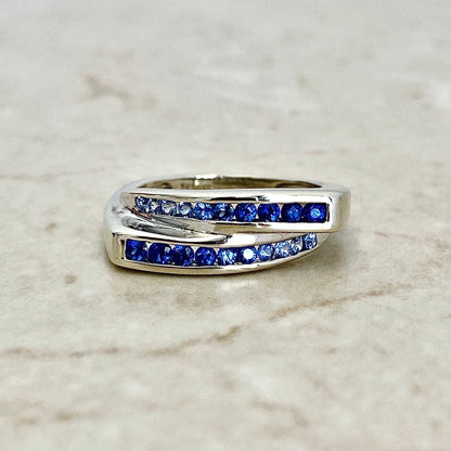 14K Natural Sapphire Band Ring Double Row - White Gold - Genuine Gemstone - Graduated Sapphire Ring - Size 5.5 US