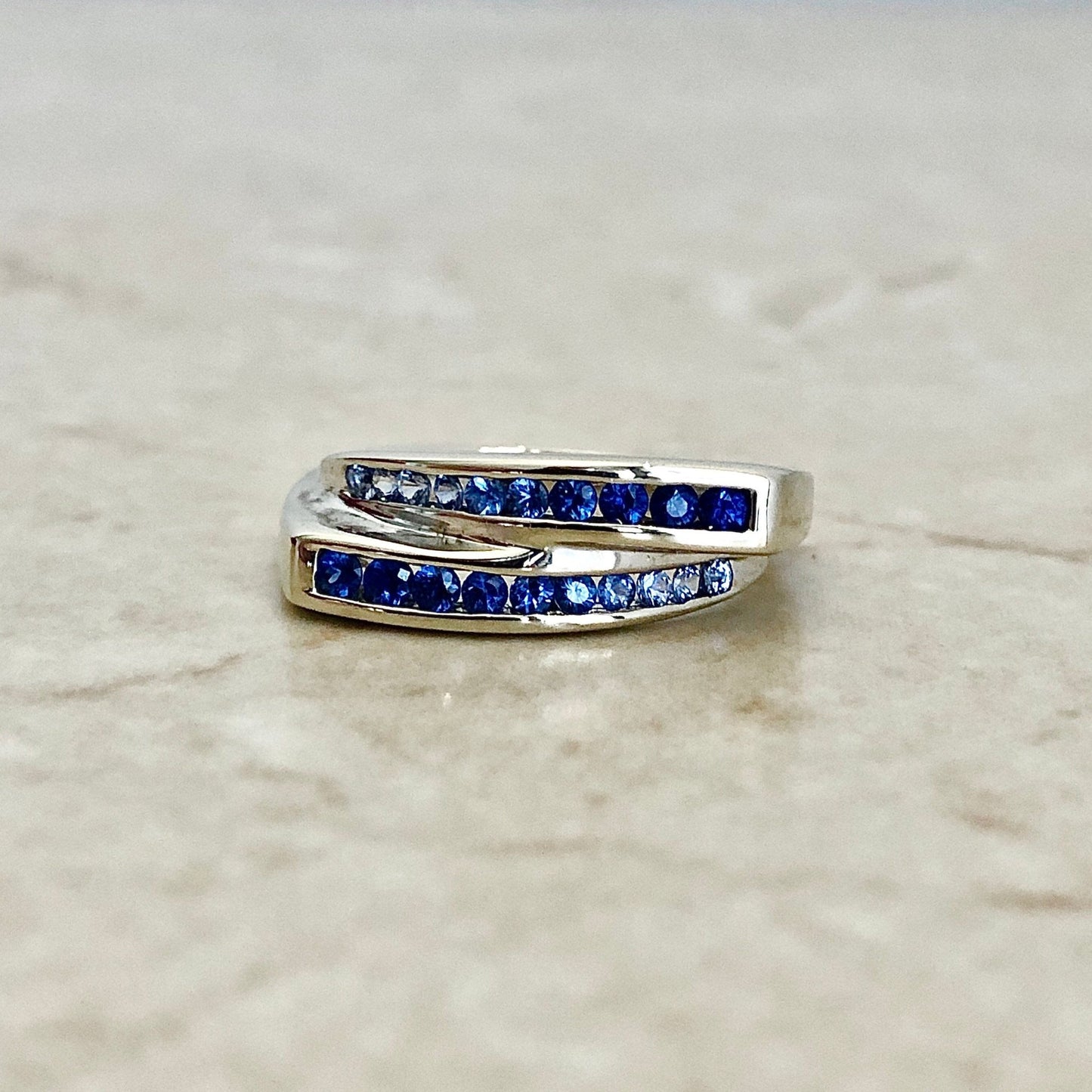 14K Natural Sapphire Band Ring Double Row - White Gold - Genuine Gemstone - Graduated Sapphire Ring - Size 5.5 US
