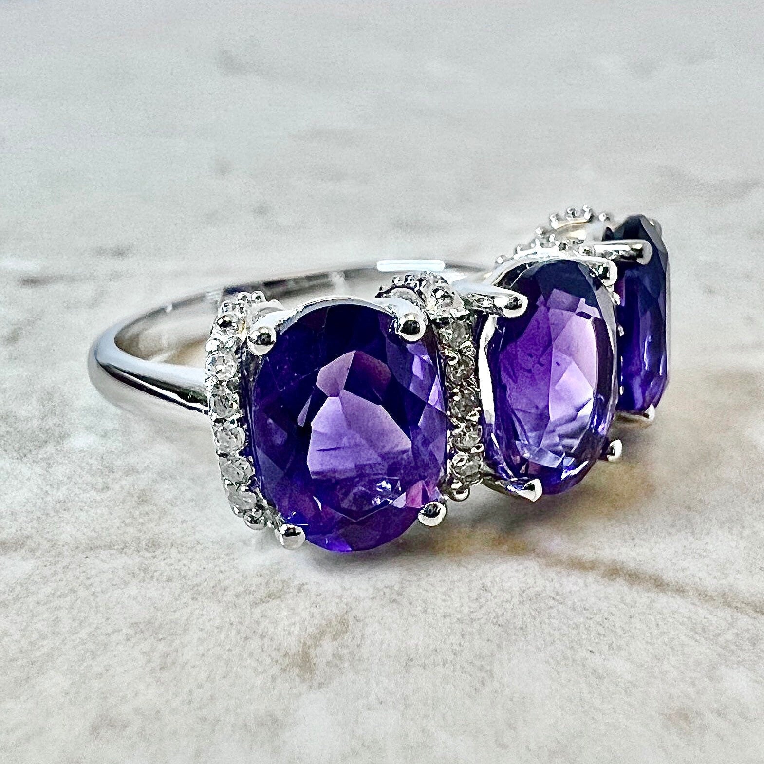 14K Oval Amethyst & Diamond Cocktail Ring - White Gold Three Stone Ring - Gold Amethyst Ring - February Birthstone - Holiday Gift