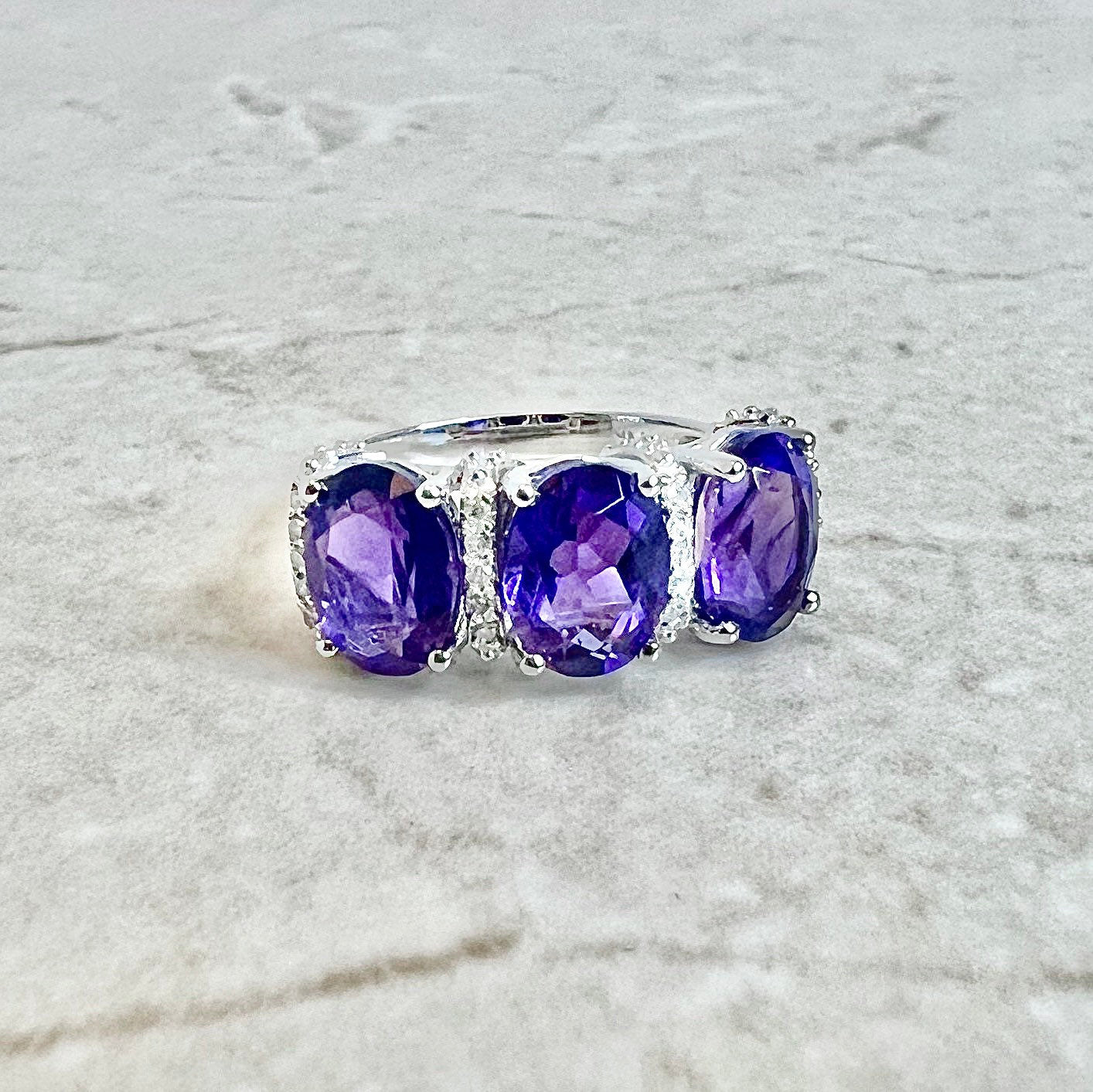 14K Oval Amethyst & Diamond Cocktail Ring - White Gold Three Stone Ring - Gold Amethyst Ring - February Birthstone - Holiday Gift