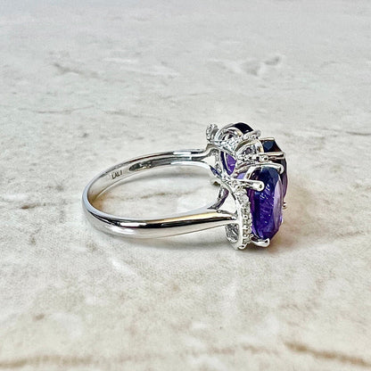 14K Oval Amethyst & Diamond Cocktail Ring - White Gold Three Stone Ring - Gold Amethyst Ring - February Birthstone - Holiday Gift