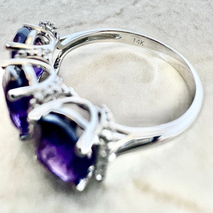 14K Oval Amethyst & Diamond Cocktail Ring - White Gold Three Stone Ring - Gold Amethyst Ring - February Birthstone - Holiday Gift