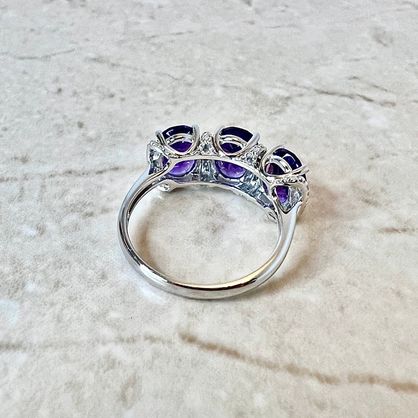 14K Oval Amethyst & Diamond Cocktail Ring - White Gold Three Stone Ring - Gold Amethyst Ring - February Birthstone - Holiday Gift