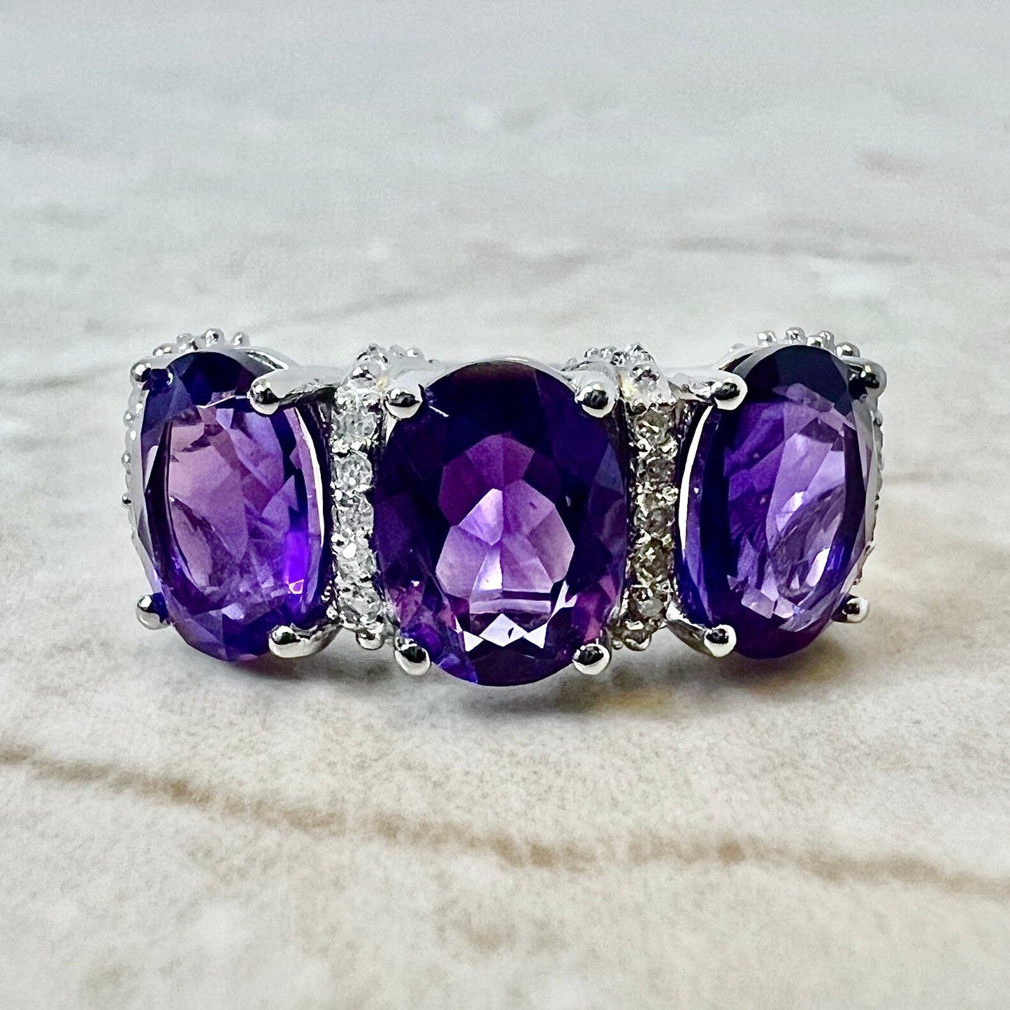 14K Oval Amethyst & Diamond Cocktail Ring - White Gold Three Stone Ring - Gold Amethyst Ring - February Birthstone - Holiday Gift