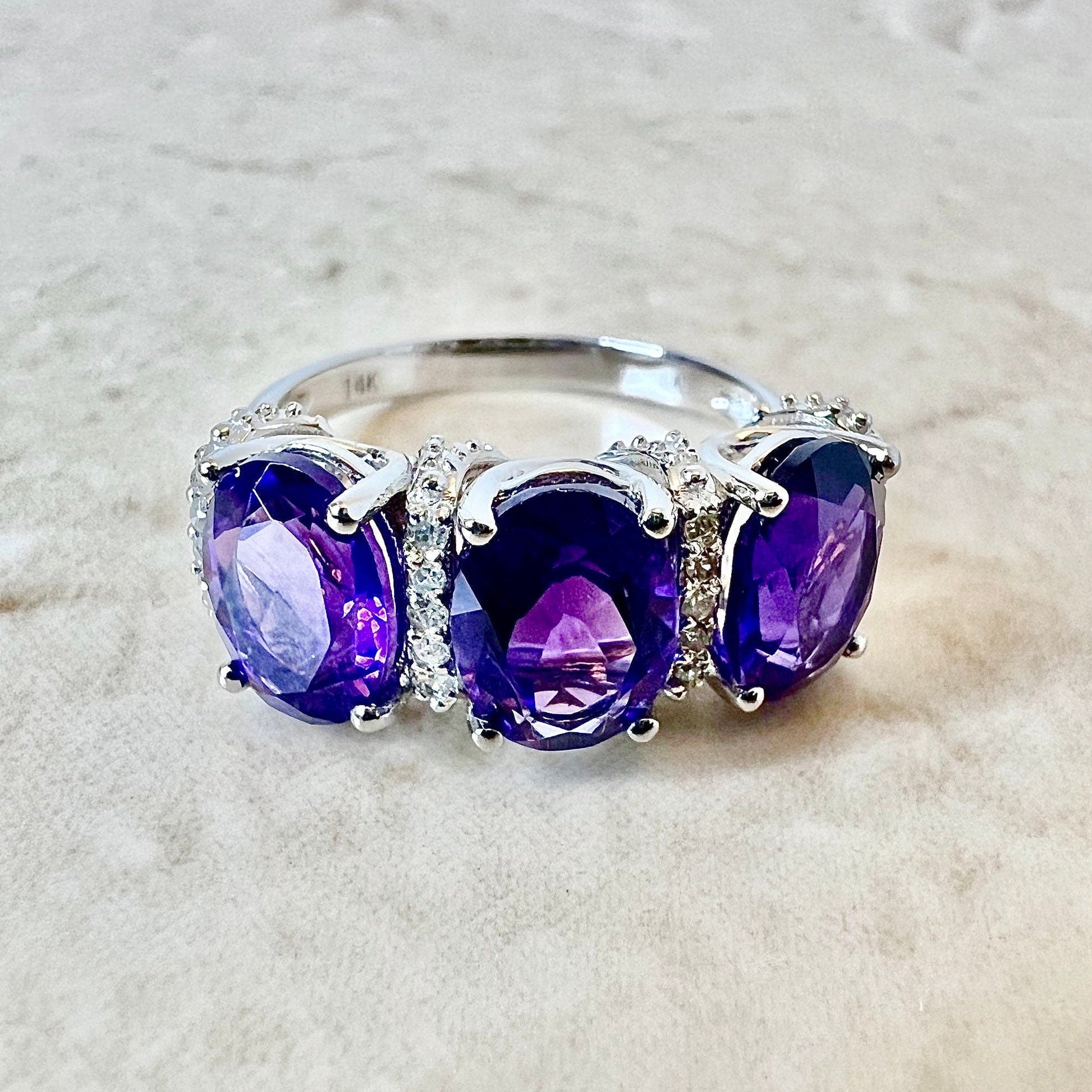 14K Oval Amethyst & Diamond Cocktail Ring - White Gold Three Stone Ring - Gold Amethyst Ring - February Birthstone - Holiday Gift