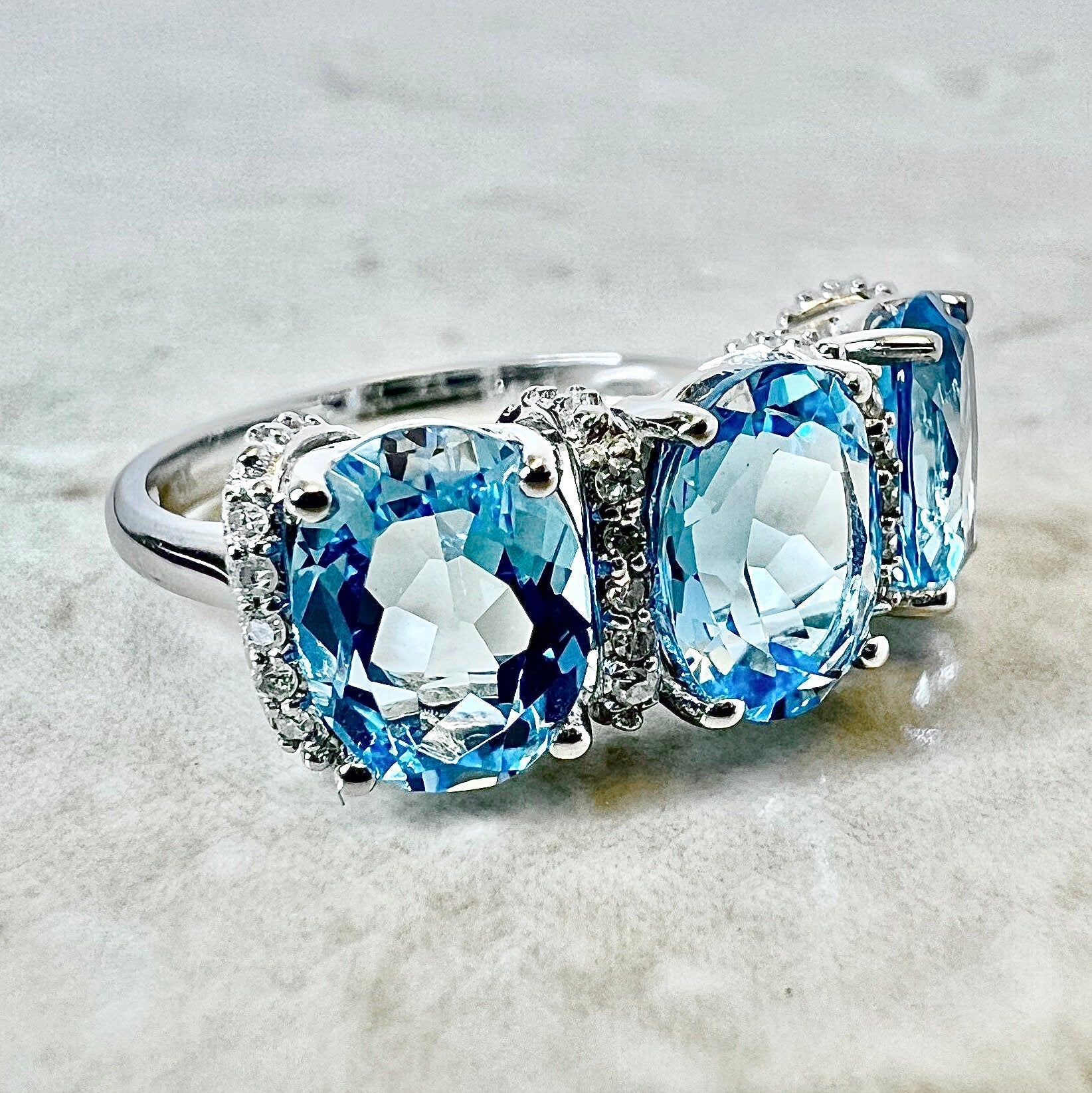 Classic 14K White Gold Three Stone Blue Sapphire Blue Topaz Solitaire Ring  R200-14KWGBSBT | Caravaggio Jewelry