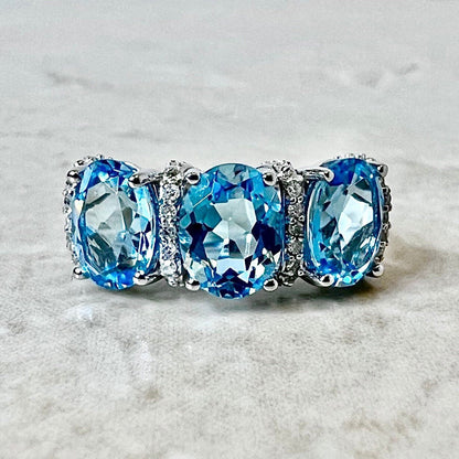 14K Oval Swiss Blue Topaz & Diamond Cocktail Ring - White Gold 3 Stone Ring- November/December Birthstone - Gold Topaz Ring - Birthday Gift