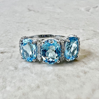 14K Oval Swiss Blue Topaz & Diamond Cocktail Ring - White Gold 3 Stone Ring- November/December Birthstone - Gold Topaz Ring - Birthday Gift