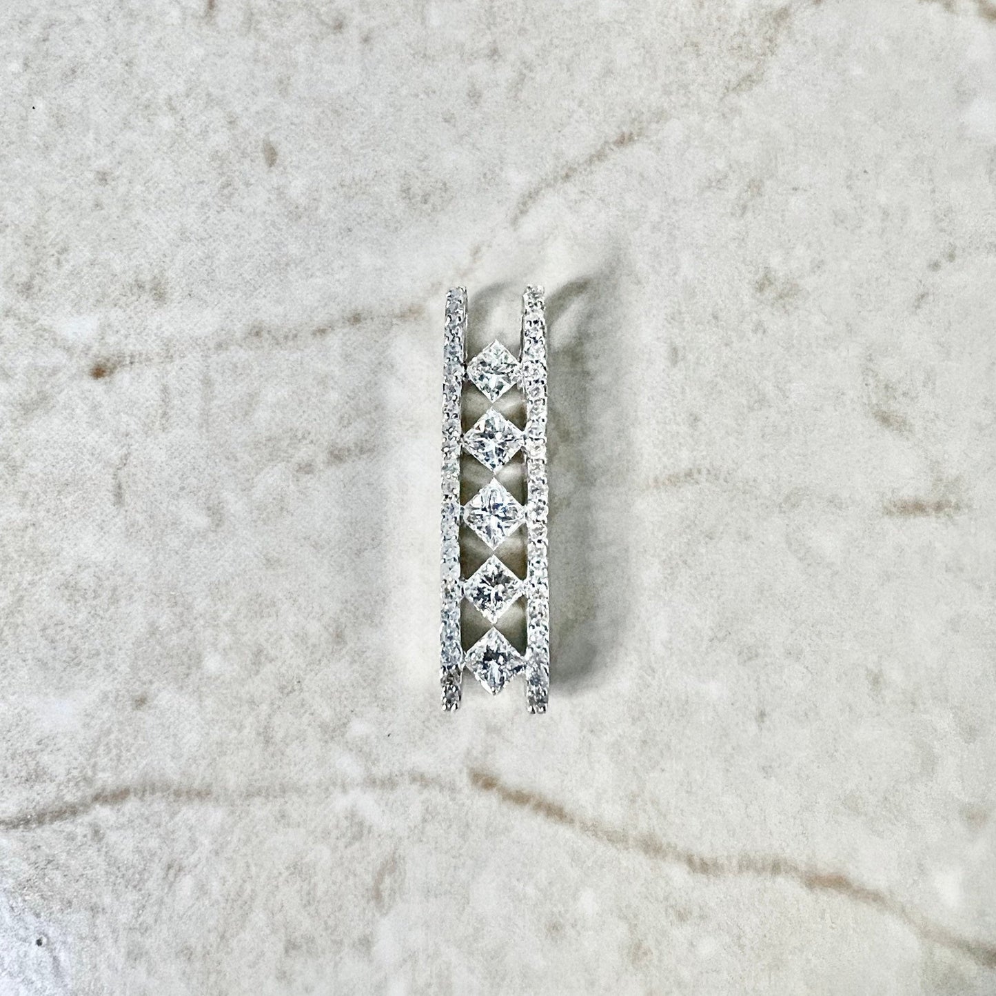 14K White Gold Princess Cut Diamond Pendant Necklace - Vertical Bar Pendant -  Diamond Bar Necklace - 5 Stone Pendant - Diamond Necklace