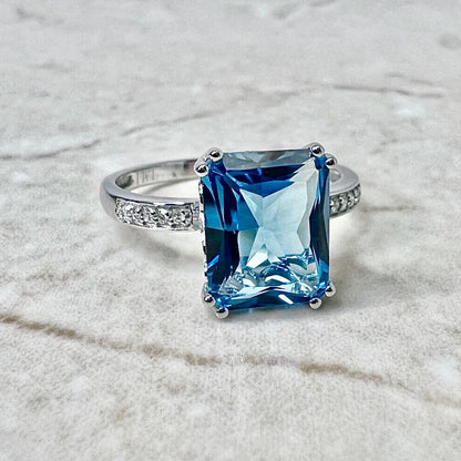 14K Swiss Blue Topaz & Diamond Ring Pendant Necklace Set - White Gold Blue Topaz Jewelry Set - November December Birthstone - Birthday Gift