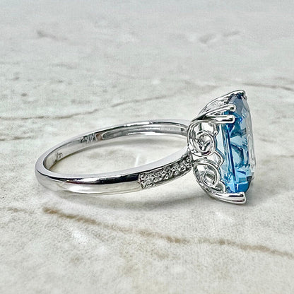 14K Swiss Blue Topaz & Diamond Ring Pendant Necklace Set - White Gold Blue Topaz Jewelry Set - November December Birthstone - Birthday Gift