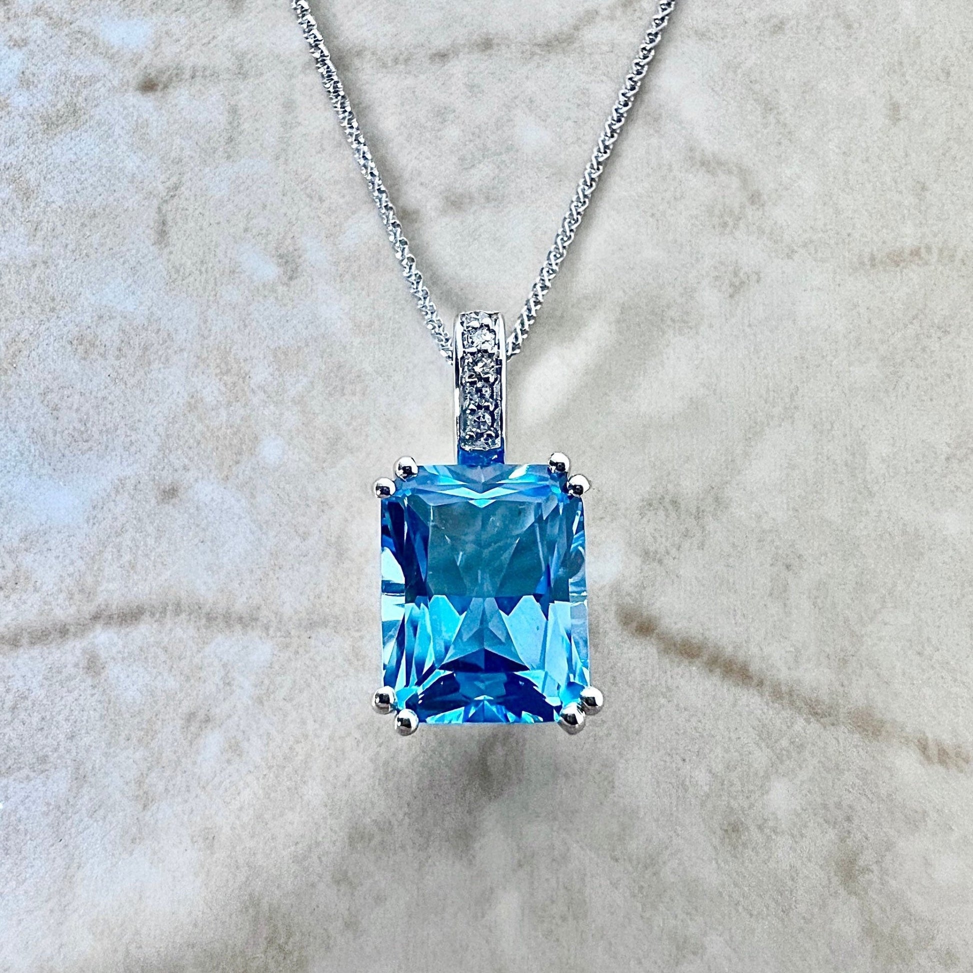 Large 14K Swiss Blue Topaz & Diamond Pendant Necklace - White Gold Topaz Pendant - Genuine November December Birthstone - Birthday Gift