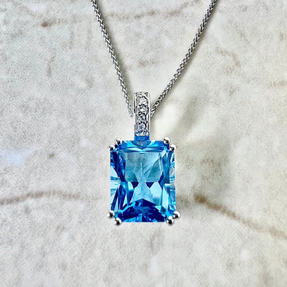 Large 14K Swiss Blue Topaz & Diamond Pendant Necklace - White Gold Topaz Pendant - Genuine November December Birthstone - Birthday Gift