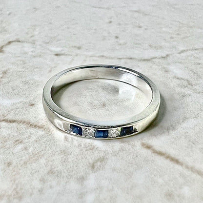 14K Diamond & Sapphire Band Ring - 14 Karat White Gold Blue Sapphire Ring - September Birthstone - Anniversary Ring - Best Gifts For Her