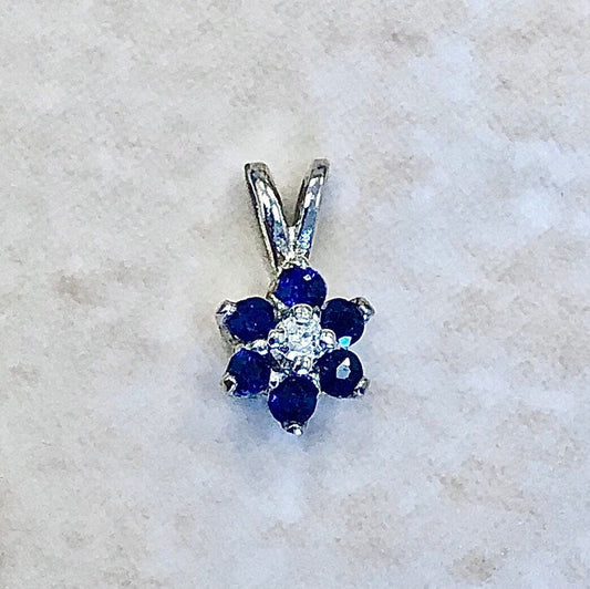 Vintage Sapphire & Diamond Halo Pendant - 14K White Gold - Sapphire Flower Necklace - September Birthstone - Birthday Gift