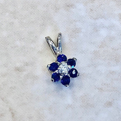 Vintage Sapphire & Diamond Halo Pendant - 14K White Gold - Sapphire Flower Necklace - September Birthstone - Birthday Gift