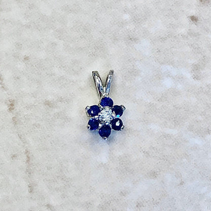 Vintage Sapphire & Diamond Halo Pendant - 14K White Gold - Sapphire Flower Necklace - September Birthstone - Birthday Gift