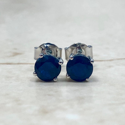 14K Round Sapphire Stud Earrings - 14K White Gold Blue Sapphire Earrings - September Birthstone - Birthday Gift - Best Gift For Her