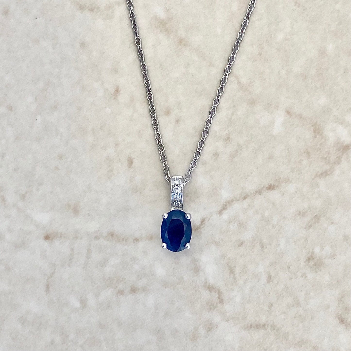 14K Oval Blue Sapphire And Diamond Pendant Necklace - 14K White Gold Sapphire Pendant - September Birthstone - Birthday Gift For Her